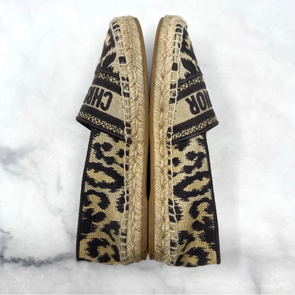 Christian Dior Granville Leopard Jacquard Logo Flat Espadrille Sandal Shoes 37.5